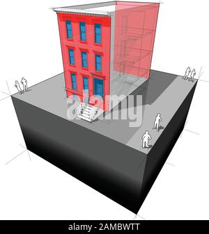 Schéma d'une maison de ville typique de la pierre brune américaine avec isolation murale supplémentaire et nouvelles fenêtres pour améliorer l'efficacité énergétique du bâtiment Illustration de Vecteur