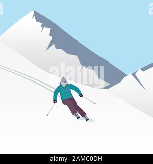 Paysage de montagne d'hiver avec skieur, course sur la pente. Bannière de vacances de sports d'hiver. Illustration vectorielle Illustration de Vecteur