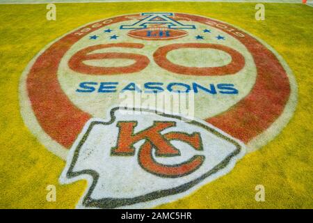 Kansas City, États-Unis. 12 janvier 2020. Le champ est décoré pour le Kansas City Chiefs vers les Houston Texans avant le match de Playoff divisionnaire de l'AFC au stade Arrowhead à Kansas City, Missouri le dimanche 12 janvier 2020. Photo de Kyle Rivas/UPI crédit: UPI/Alay Live News Banque D'Images