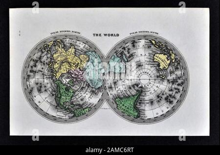 1834 Carey World Map Projections polaires au pôle Nord Arctique Antarctique Banque D'Images