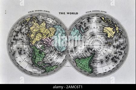 1834 Carey World Map Projections polaires au pôle Nord Arctique Antarctique Banque D'Images