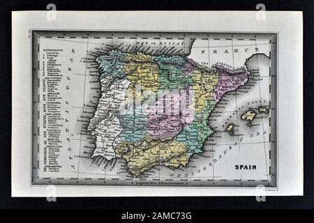 1834 Carey Carte de l'Espagne & Portugal Lisbonne Barcelone Madrid Toledo Banque D'Images