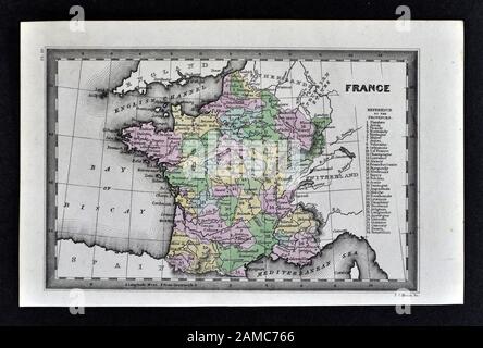Carey 1834 Carte de France dans les Provinces Paris Laon Marseille Banque D'Images