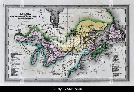 1834 Carey Map of Upper and Lower Canada Ontario Québec Nouvelle-Écosse Nouveau-Brunswick Terre-Neuve Banque D'Images