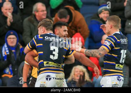 12 Janvier 2020, Headingley Carnegie Stadium, Leeds, Angleterre; Jamie Jones-Buchanan, Rob Burrow Témoignage, Leeds Rhinos Et Bradford Bulls : Rhyse Martin (12) De Leeds Rhinos Célèbre Son Crédit D'Essai : Craig Milner/News Images Banque D'Images