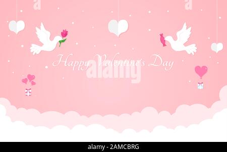 Happy Valentine's Day design concept, Deux pigeons volant dans le ciel, la composition romantique dans le style du papier, illustration vectorielle sur un fond rose Illustration de Vecteur