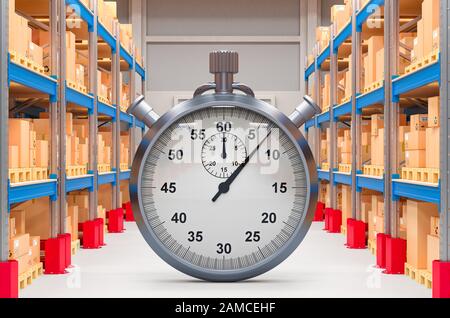 Concept de livraison rapide. Chronomètre dans l'entrepôt. Rendu tridimensionnel Banque D'Images