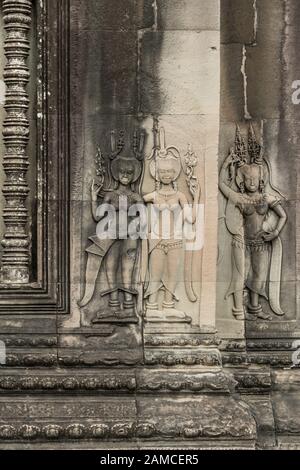 Plans détaillés des reliefs dans le temple d'Angkor Wat, au Cambodge Banque D'Images