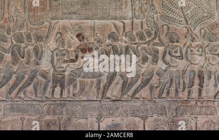 Plans détaillés des reliefs dans le temple d'Angkor Wat, au Cambodge Banque D'Images