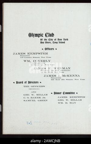 DEUXIÈME DÎNER ANNUEL (ORGANISÉ PAR) OLYMPIC CLUB OF NEW YORK (AT) SHANLEY'S ROMAN COURT, NEW YORK, NY (REST;) COMPREND DES VINS SERVIS AVEC DES COURS INDIVIDUELS; OFFICIERS, CONSEIL D'ADMINISTRATION, DÎNER-COMITÉ ÉNUMÉRÉ; TISSU AVEC JOINT CLUB SUR L'EXTÉRIEUR DE LA COUVERTURE, SUR LA COUVERTURE INTÉRIEURE, UNE PHOTO D'UN VOILIER; SUR LA COUVERTURE ARRIÈRE, PLAN DE SIÈGES; FIXATION DE CORDON DE SOIE; DÎNER ANNUEL [TENU PAR] OLYMPIC CLUB DE NEW YORK [AT] SHANLEY'S ROMAN COURT, NEW YORK, NY (REST;) Banque D'Images