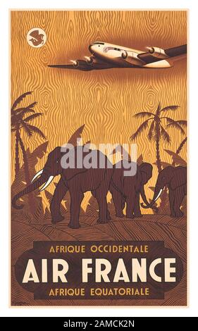 Air France Vintage 1940 - affiche de voyage d'aviation pour AIR FRANCE, Afrique occidentale Afrique africaine africaine exotique lithographie de la jungle africaine dans les couleurs, 1948, imprimée par Alepee & Cie., Paris par Vincent Guerra Banque D'Images