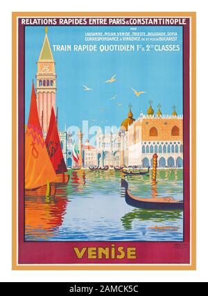 Venise/VENISE place Saint Marks ancienne époque historique des années 1920 train Rail Voyage affiche lithographie en couleurs, 1921, imprimé par Cornille & serre, Paris, par Georges S. Dorival Banque D'Images