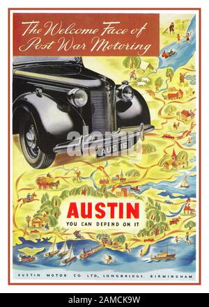 Vintage post-guerre 1940 The British Austin 16 car Press annonce Austin car Autocar Publicité 1945 - Vous pouvez en compter sur elle « Le Visage de bienvenue de la Motaning d’après-guerre » Banque D'Images