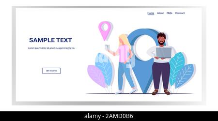 Mélanger les personnes de course à l'aide de l'application de navigation en ligne sur les appareils numériques homme femme explorant l'itinéraire avec les pointeurs GPS de position GPS pleine longueur horizontale de l'espace de copie illustration vectorielle Illustration de Vecteur