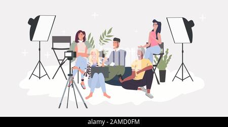 blogueurs groupe enregistrement vidéo blog avec appareil photo numérique sur trépied mix race hommes femmes en direct streaming réseaux sociaux blogging concept horizontal pleine longueur illustration vectorielle Illustration de Vecteur
