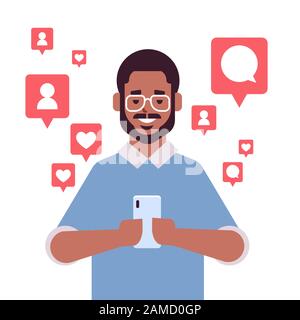 l'homme africain américain utilisant l'application mobile sur les notifications de smartphone avec aime les adeptes commentaires réseau social numérique addiction concept portrait vectoriel illustration Illustration de Vecteur