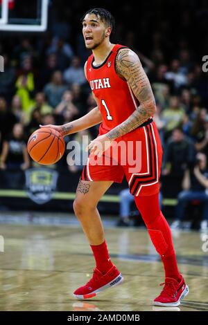 12 janvier 2020: Utah Utes forward Timmy Allen (1) cherche à jouer dans le match de basket-ball masculin entre le Colorado et l'Utah au Coors Events Center de Boulder, CO. Colorado a couru à un 26-7 plomb dans la première moitié. Derek Regensburger/CSM. Banque D'Images