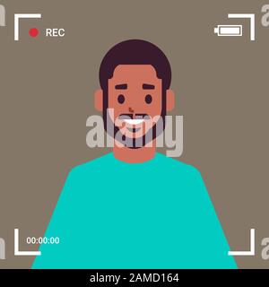 viseur d'écran de caméra rec african american blogger ou reporter enregistrement vidéo en ligne homme parlant sur l'illustration vectorielle de portrait en direct Illustration de Vecteur