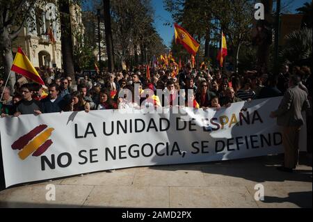 Malaga, Espagne. 12 janvier 2020. Les partisans du parti politique d'extrême droite VOX ont une bannière pendant la manifestation.Protestation contre le nouveau gouvernement espagnol de la coalition de gauche. L'Espagne vit son premier gouvernement de coalition après l'accord entre les partis de gauche PSOE et Podemos, dirigé par le Premier ministre espagnol Pedro Sanchez après son investiture. Le parti politique d'extrême droite VOX appelle également à manifester en faveur de l'unité de l'Espagne sous le slogan "España existe" (l'Espagne existe). Crédit: Sopa Images Limited/Alay Live News Banque D'Images