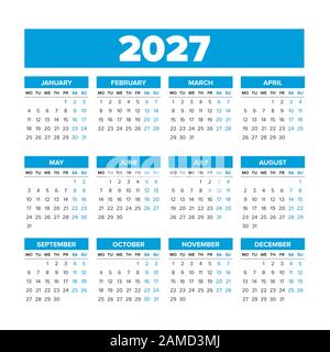 Calendrier Vectoriel Simple 2027. Les semaines commencent lundi Illustration de Vecteur