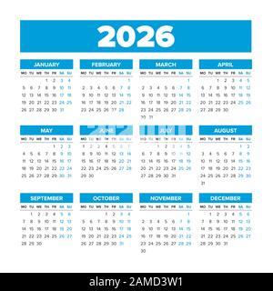 Calendrier Vectoriel Simple 2026. Les semaines commencent lundi Illustration de Vecteur