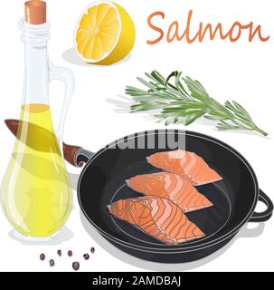Filets de saumon crus sur la poêle avec des herbes. Fond blanc. Illustration vectorielle, calques séparés. Illustration de Vecteur