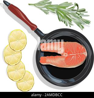 Filets de saumon crus sur la poêle avec des herbes. Fond blanc. Illustration vectorielle, calques séparés. Illustration de Vecteur
