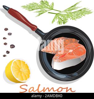 Filets de saumon crus sur la poêle avec des herbes. Fond blanc. Illustration vectorielle, calques séparés. Illustration de Vecteur