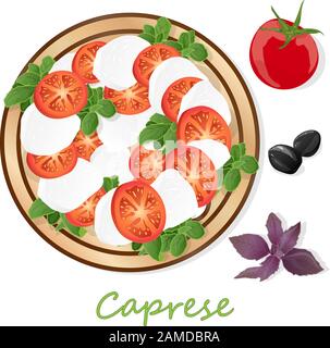 Illustration vectorielle d'une délicieuse salade de caprices avec tomates mûres et mozzarella avec feuilles de basilic frais. Cuisine italienne isolée sur fond blanc Illustration de Vecteur