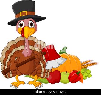 Bande dessinée de dinde tenant hache avec récolte de la cornucopia collection Illustration de Vecteur