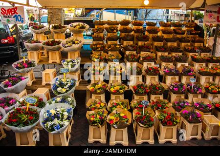 Bouquets colorés et magnifiques de fleurs à vendre sur un stand de marché à Amsterdam, Pays-Bas Banque D'Images