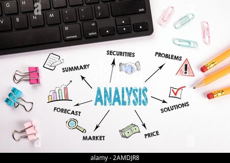 Analyse. Concept Des Affaires, Des Finances, Des Objectifs Et Des Réalisations. Graphique avec mots-clés et icônes. Clavier d'ordinateur sur un bureau blanc Banque D'Images