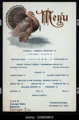 DÎNER DE THANKSGIVING (ORGANISÉ PAR) STATION DE PASSAGERS C & N W (AT) CHICAGO, IL (RR;) MENU DE PRIX; ILLUS. DINDE, GAUFRÉE; DÉFILEMENT; NOTATION ÉCRITE À LA MAIN DU LIEU; DÎNER DE THANKSGIVING [TENU PAR] C. & N. W. STATION DE PASSAGERS [AT] CHICAGO, IL (RR;) Banque D'Images