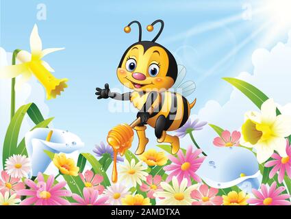 Abeille miel holding Cartoon fleur fond avec balancier Illustration de Vecteur