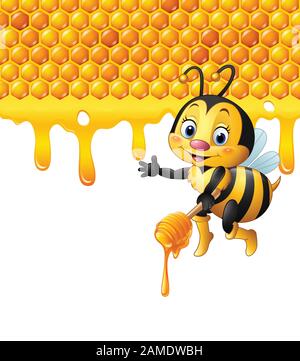 Cartoon bee holding balancier avec honeycomb et miel dégoulinant Illustration de Vecteur