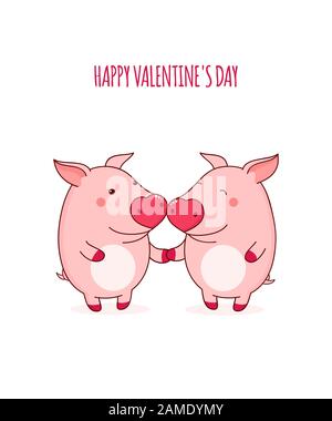 Carte vectorielle Saint-Valentin avec de jolis cochons dans le style kawaii. EPS8 Illustration de Vecteur