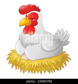 Poule couver ses oeufs Cartoon sur nid de paille Illustration de Vecteur