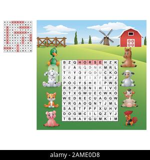 Word search puzzle d'animaux de ferme Illustration de Vecteur