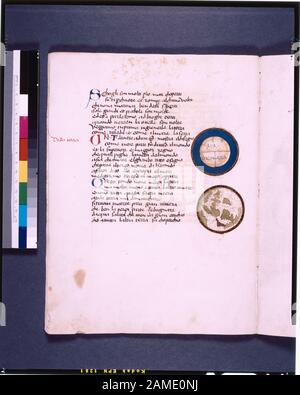 Texte avec initiales rouges et bleues, rubric, deux cartes incluant une carte T Répertoriée dans de Ricci, Seymour, Recensement des manuscrits médiévaux et Renaissance aux États-Unis et au Canada. New York. N. Y. : H. W. Wilson, 1935; et Supplement, New York, N.Y.: Société bibliographique d'Amérique, 1962. Propriété : Collection de Marchese Girolamo d'Adda, à Milan. Collection De Charles Fairfax Murray, Florence. Obtenu de Gilhofer et Ranschburg, de Vienne. Armoiries sur F.1. De Ricci, 1332. Graphique de Dr. G.B. Invité. Dossier de bibliothèque. Ce manuscrit est actuellement stocké dans une boîte marquée de Ricci 110. T Banque D'Images