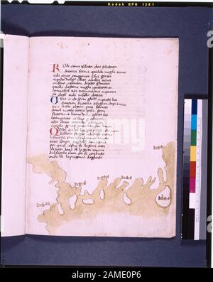 Texte avec initiales rouges et bleues, carte avec petits dessins de villes non étiquetées Énumérées à de Ricci, Seymour, Recensement des manuscrits médiévaux et Renaissance aux États-Unis et au Canada. New York. N. Y. : H. W. Wilson, 1935; et Supplement, New York, N.Y.: Société bibliographique d'Amérique, 1962. Propriété : Collection de Marchese Girolamo d'Adda, à Milan. Collection De Charles Fairfax Murray, Florence. Obtenu de Gilhofer et Ranschburg, de Vienne. Armoiries sur F.1. De Ricci, 1332. Graphique de Dr. G.B. Invité. Dossier de bibliothèque. Ce manuscrit est actuellement stocké dans une boîte marquée de Ricci Banque D'Images