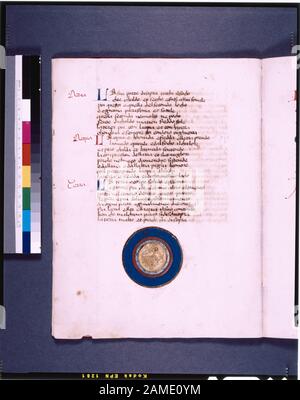 Texte avec initiales rouges et bleues, rubriques, un graphique montrant la carte du monde Inscrit à de Ricci, Seymour, Recensement des manuscrits médiévaux et Renaissance aux États-Unis et au Canada. New York. N. Y. : H. W. Wilson, 1935; et Supplement, New York, N.Y.: Société bibliographique d'Amérique, 1962. Propriété : Collection de Marchese Girolamo d'Adda, à Milan. Collection De Charles Fairfax Murray, Florence. Obtenu de Gilhofer et Ranschburg, de Vienne. Armoiries sur F.1. De Ricci, 1332. Graphique de Dr. G.B. Invité. Dossier de bibliothèque. Ce manuscrit est actuellement stocké dans une boîte marquée de Ricci Banque D'Images