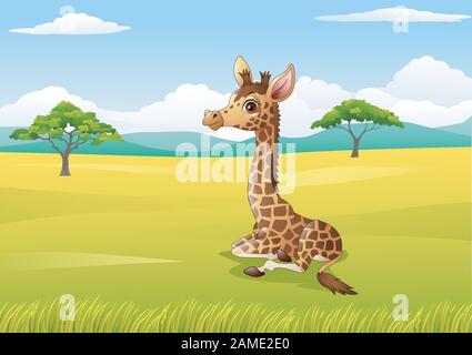 Cartoon girafe assis dans la jungle Illustration de Vecteur