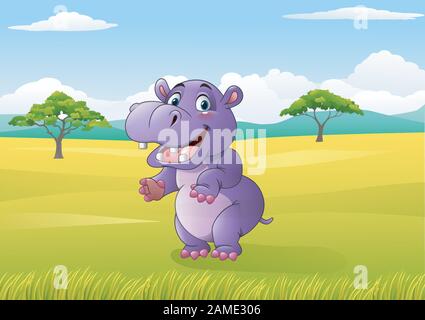 Cartoon funny hippo dans le paysage africain Illustration de Vecteur