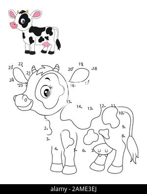 Connecter le nombre d'appeler l'animal jeu éducatif pour les enfants, petite vache mignon Illustration de Vecteur