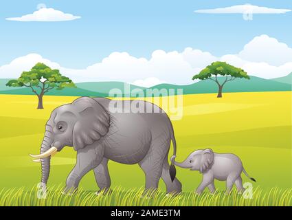 Cartoon funny elephant dans la nature Illustration de Vecteur