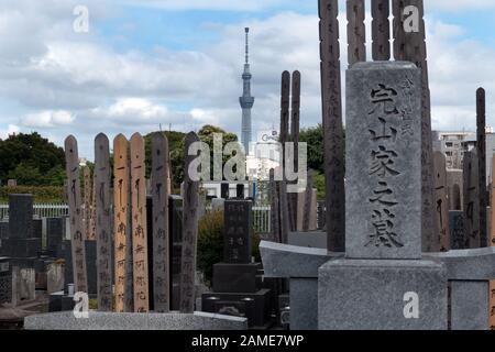 Cimetière de Yanaka à Tokyo, Japon, Asie. Vieux cimetière japonais avec tombes et tombes. Tour Skytree en arrière-plan Banque D'Images