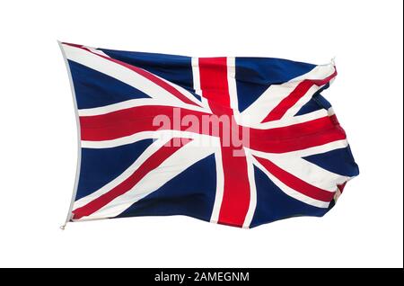 Le drapeau britannique Union Jack a ondulé dans le vent isolé sur fond blanc Banque D'Images