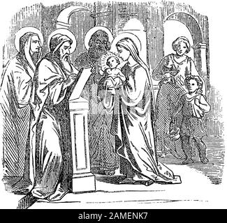 Dessin vintage ou gravure de l'histoire biblique du bébé Jésus présenté dans le temple avec la mère Marie, le père Saint Joseph, Simeon et prophète Anna.Bible, Nouveau Testament, Luc 2. Biblische Geschichte , Allemagne 1859. Illustration de Vecteur