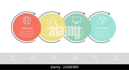 Vector modèle plat circle l'infographie. Concept d'affaires avec 4 options et de flèches. Quatre étapes pour le contenu, le marketing, la présentation graphique, schémas, Illustration de Vecteur