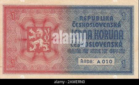 Ancien billet de la première République tchécoslovaque 1 CZK utilisé en période d'occupation allemande nazie. ( Protectorat de la Bohême et de la Moravie). 1939-1945 Banque D'Images